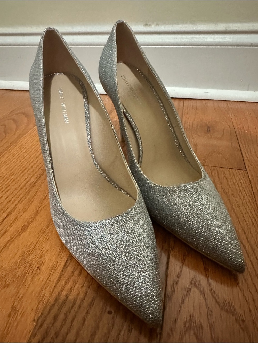 Stuart Weitzman Silver Glitter Pointed-Toe Pumps